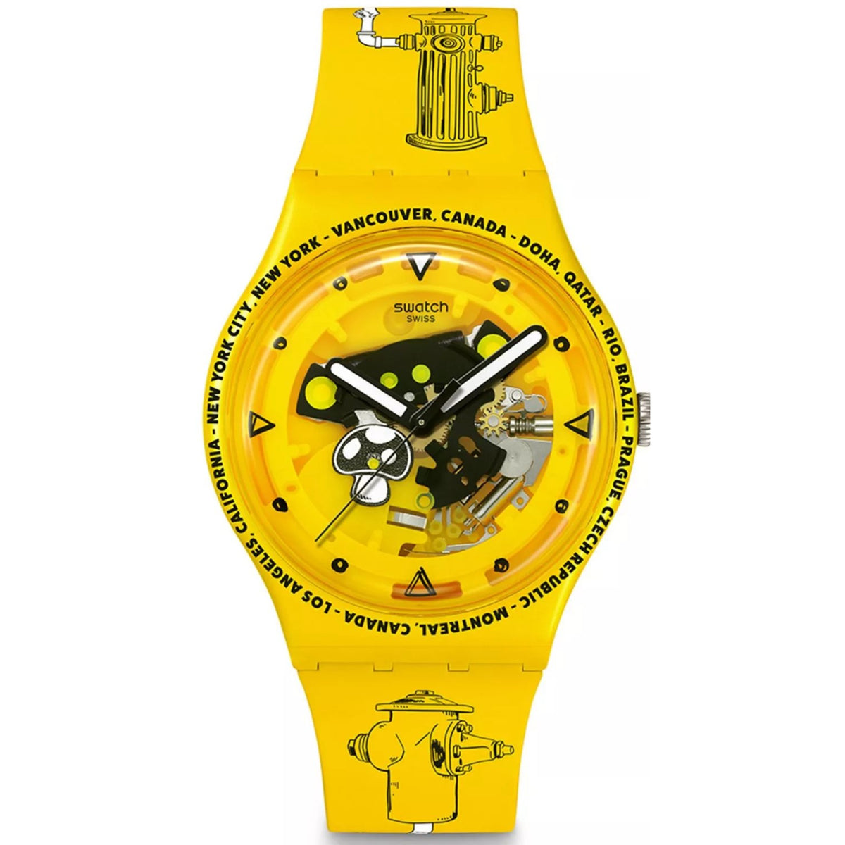 Yellow silicone Swatch watch with black dial and multicolor graphic hands