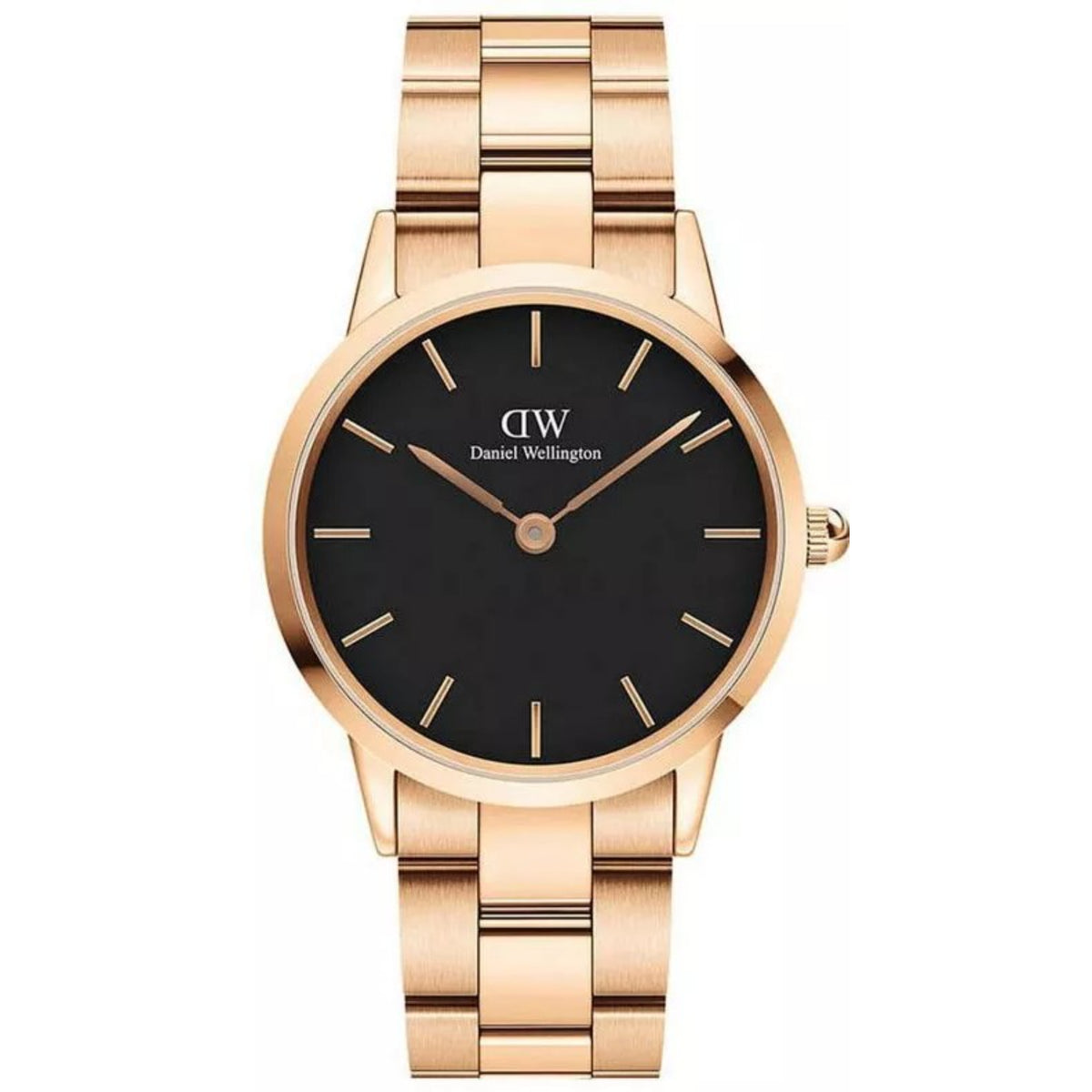 Rose gold tone steel wristwatch with black dial and slim stick hour markers