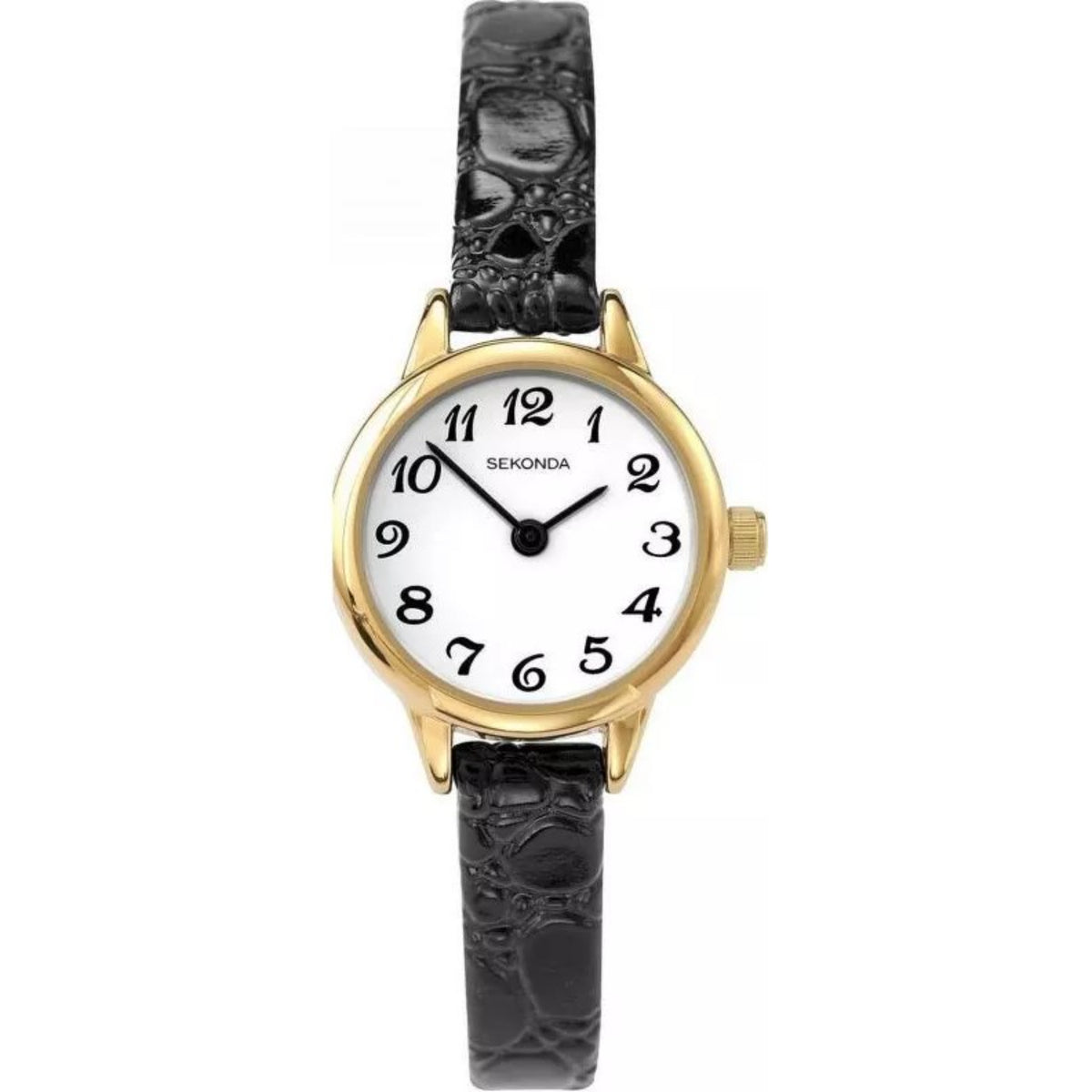 Ladies quartz watch with white dial, gold-tone case, black leather strap