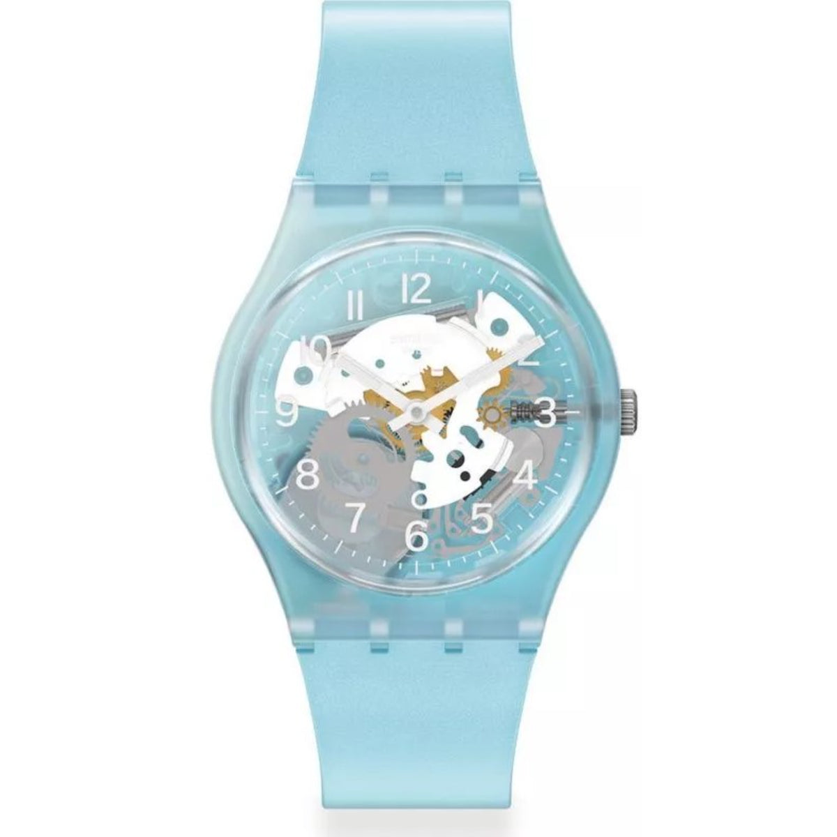 Light blue quartz watch with round see-through dial, visible gears, and silicone strap