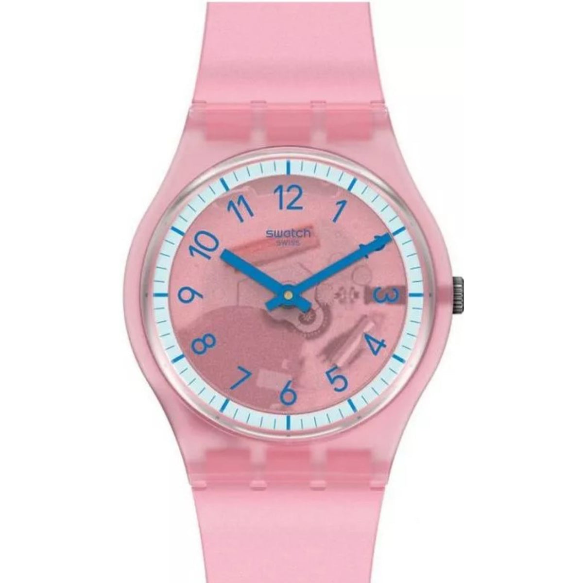 Pink silicone strap quartz wristwatch with blue hands and pink dial, round silver case