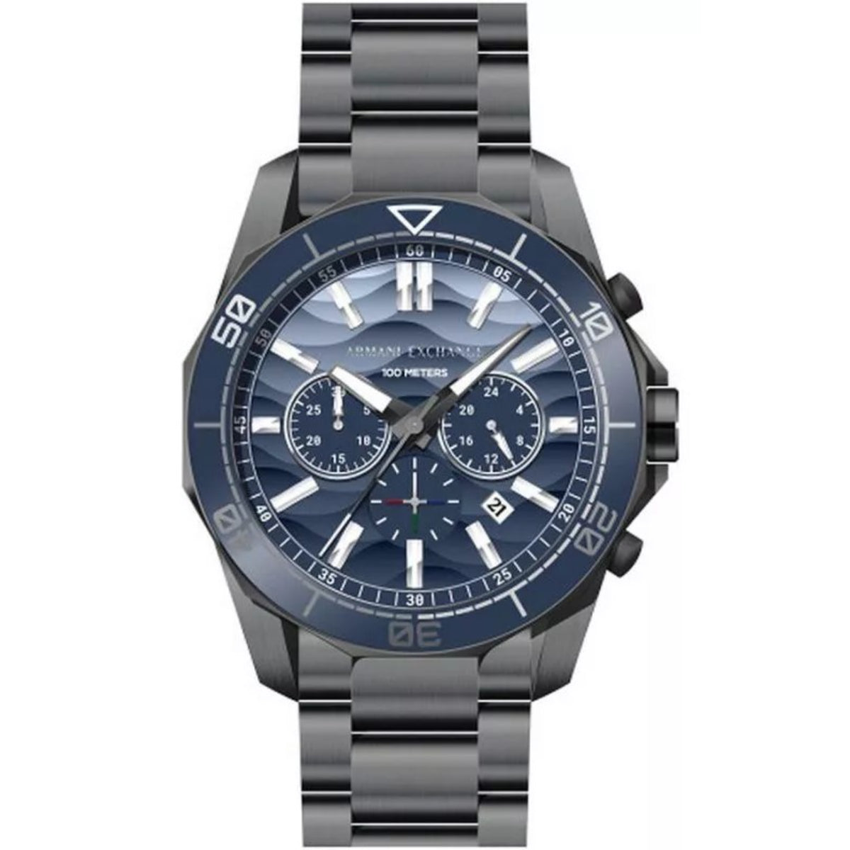 Men's chronograph watch with blue dial and steel link bracelet, AX logo