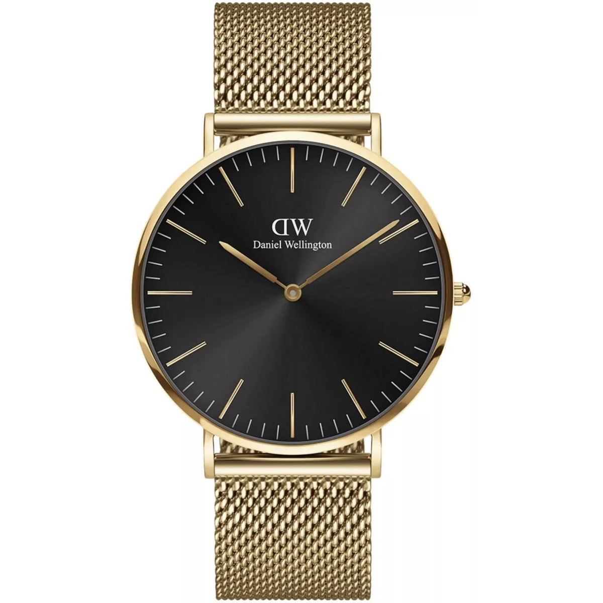 Gold mesh bracelet quartz wrist watch with black dial and gold-tone hands