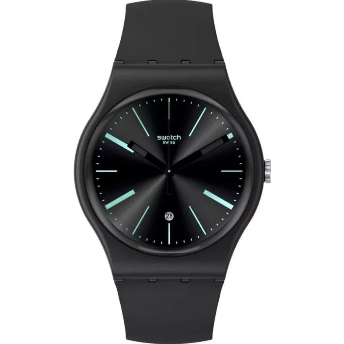 Swatch unisex watch with black dial, black silicone strap, mint-green accents and indices.