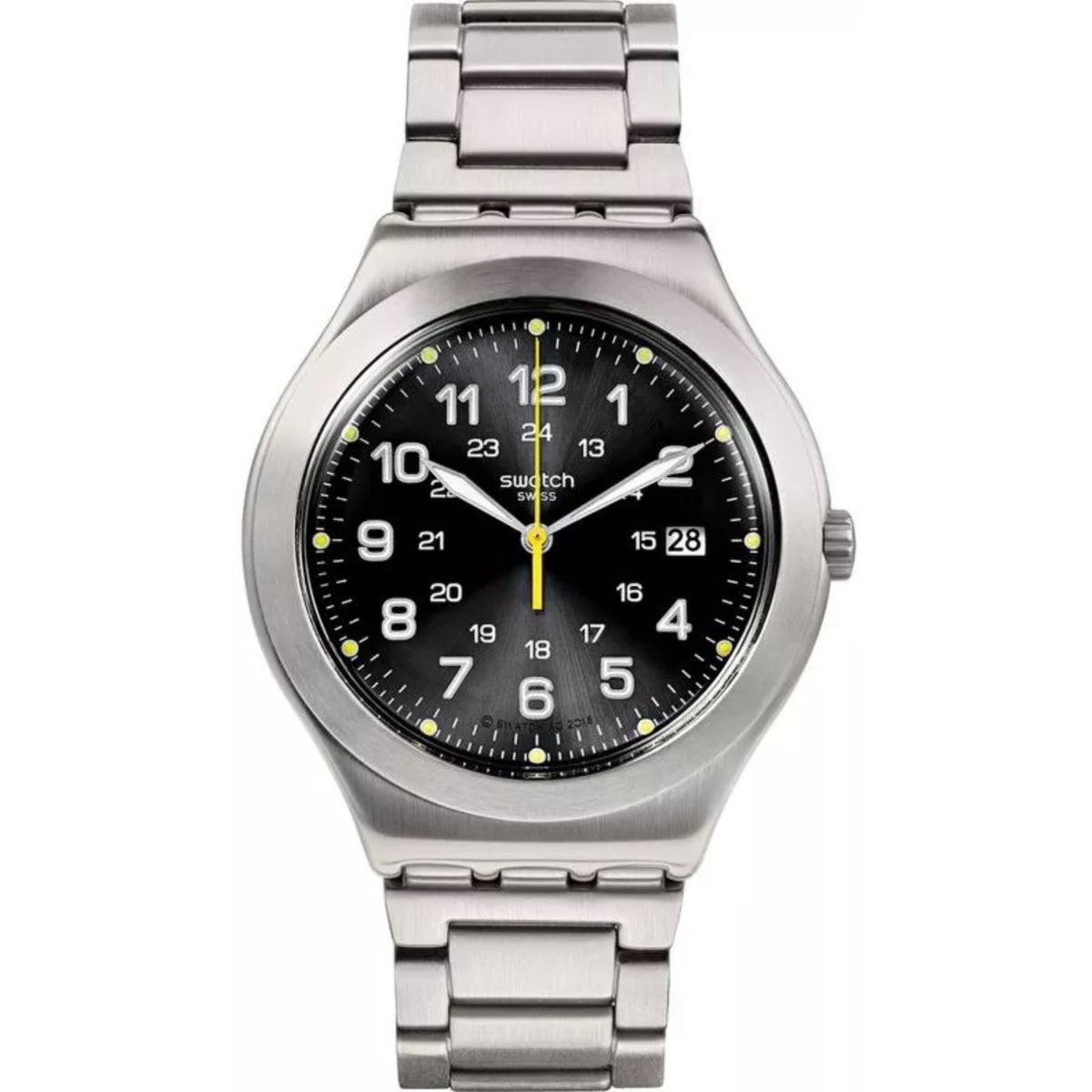 Stainless steel quartz wristwatch with black dial, yellow second hand and hour markers.