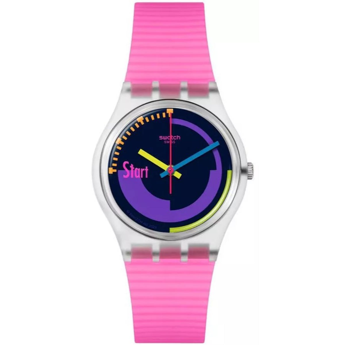 Pink silicone strap wristwatch, silver round case, purple multicolor dial with Start
