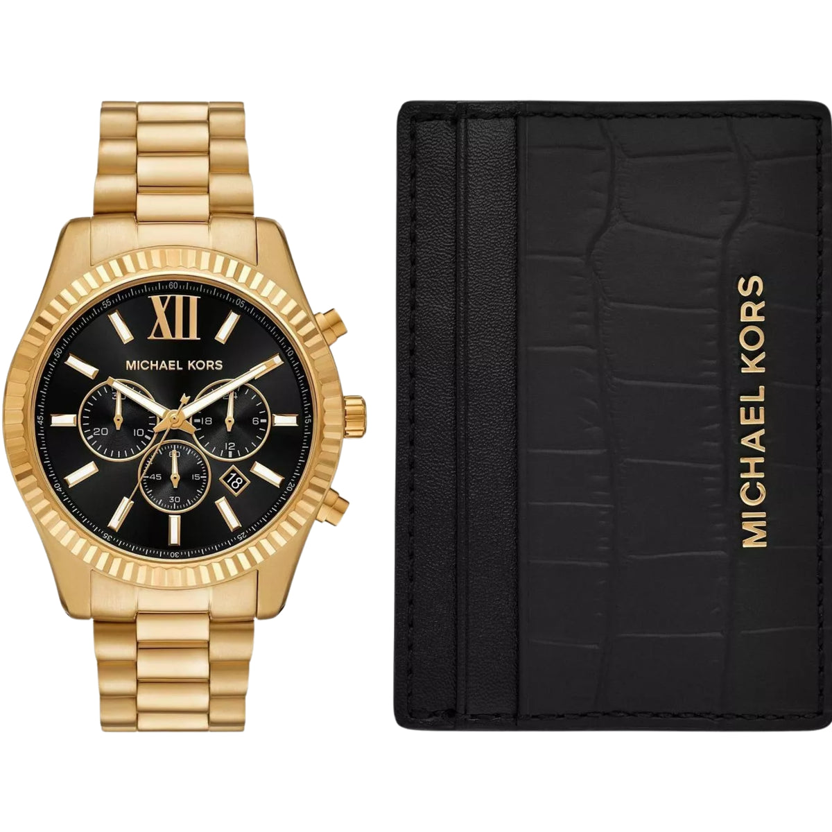 Michael Kors Lexington 44mm MK9245SET black dial chronograph watch and matching black leather card holder gift set