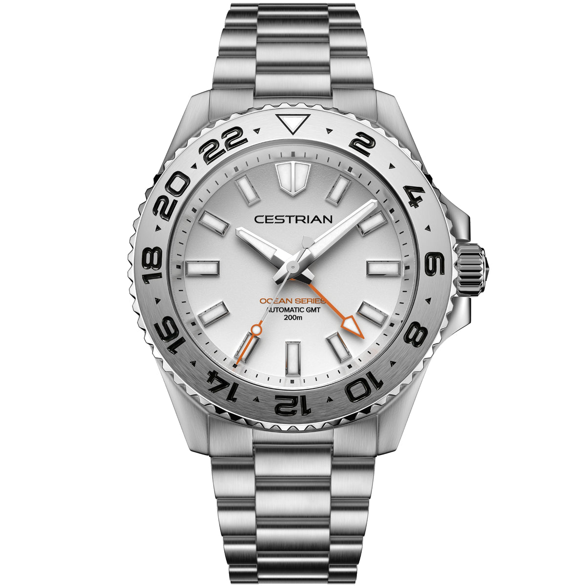 Men's automatic GMT wristwatch with white dial, orange accents, and silver stainless bracelet