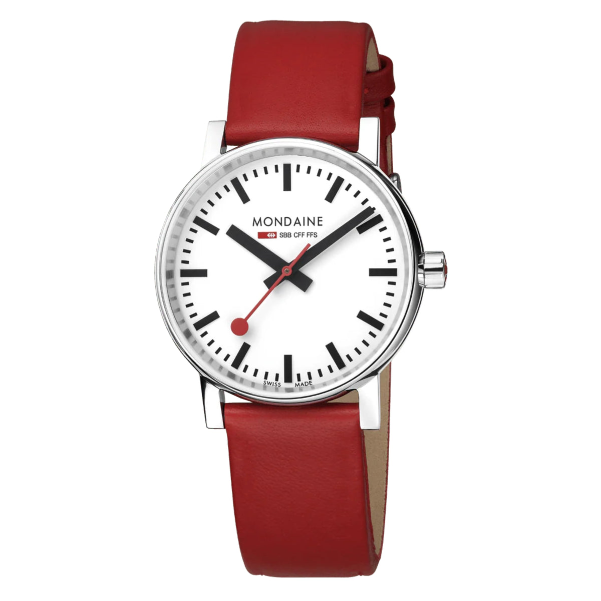 Mondaine Evo2 MSE.35110.LCV angled view highlighting stainless steel case and red strap