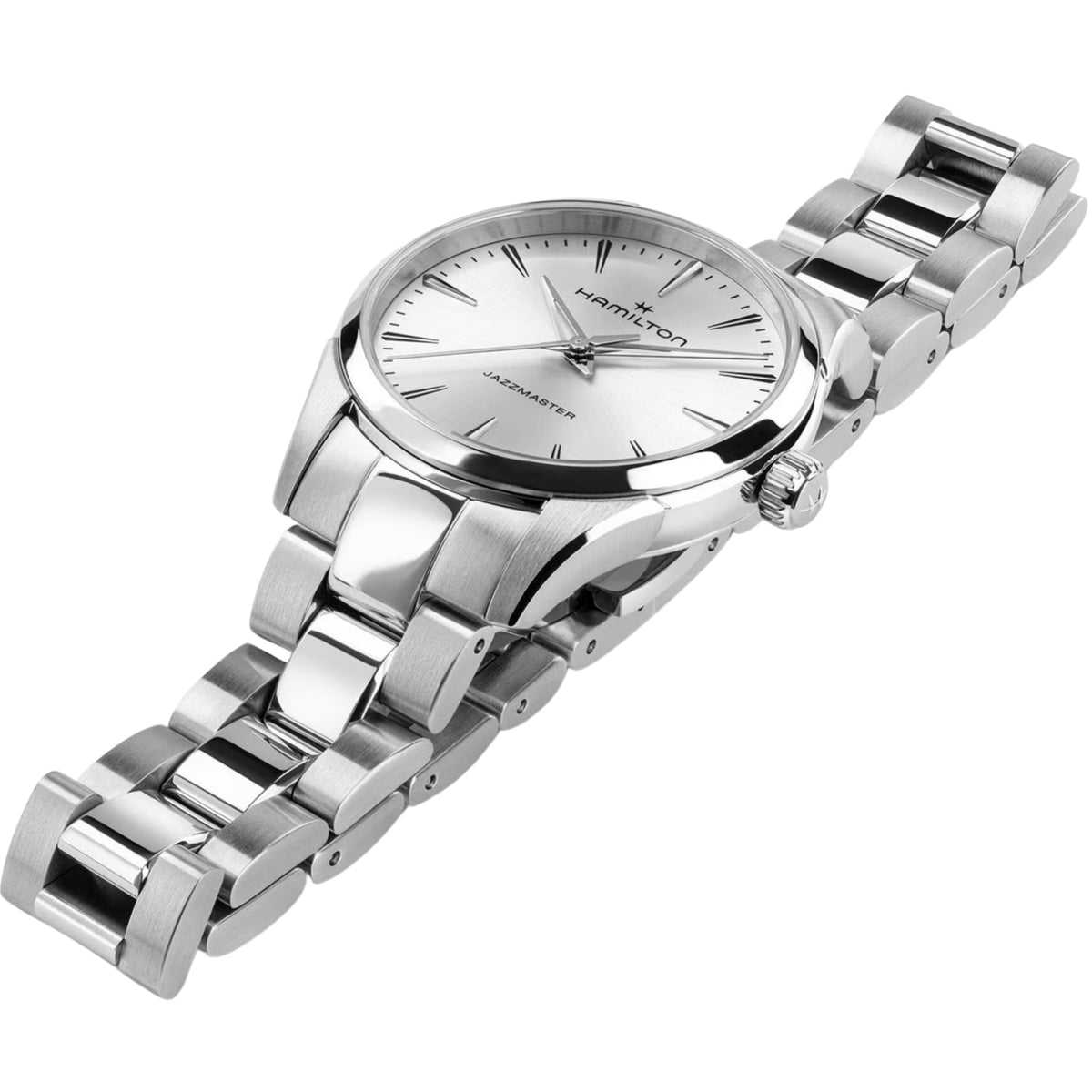 Hamilton Jazzmaster H32301181 angled perspective showing stainless steel casing, crown, and silver dial