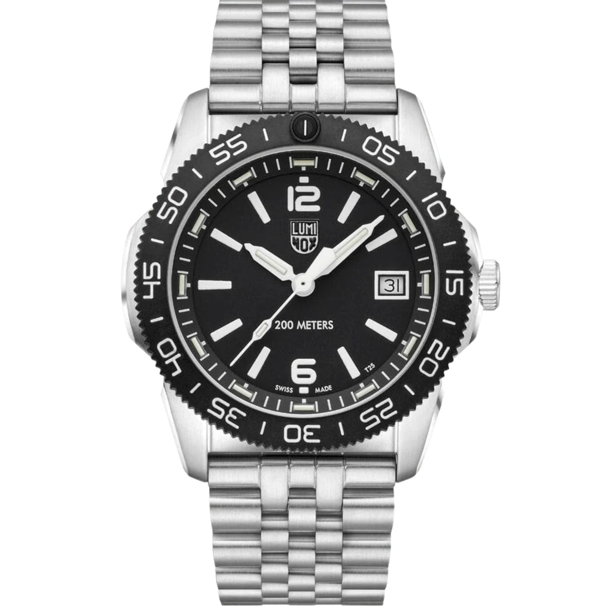 Men's stainless steel diver watch with black dial, luminous markers, and date window