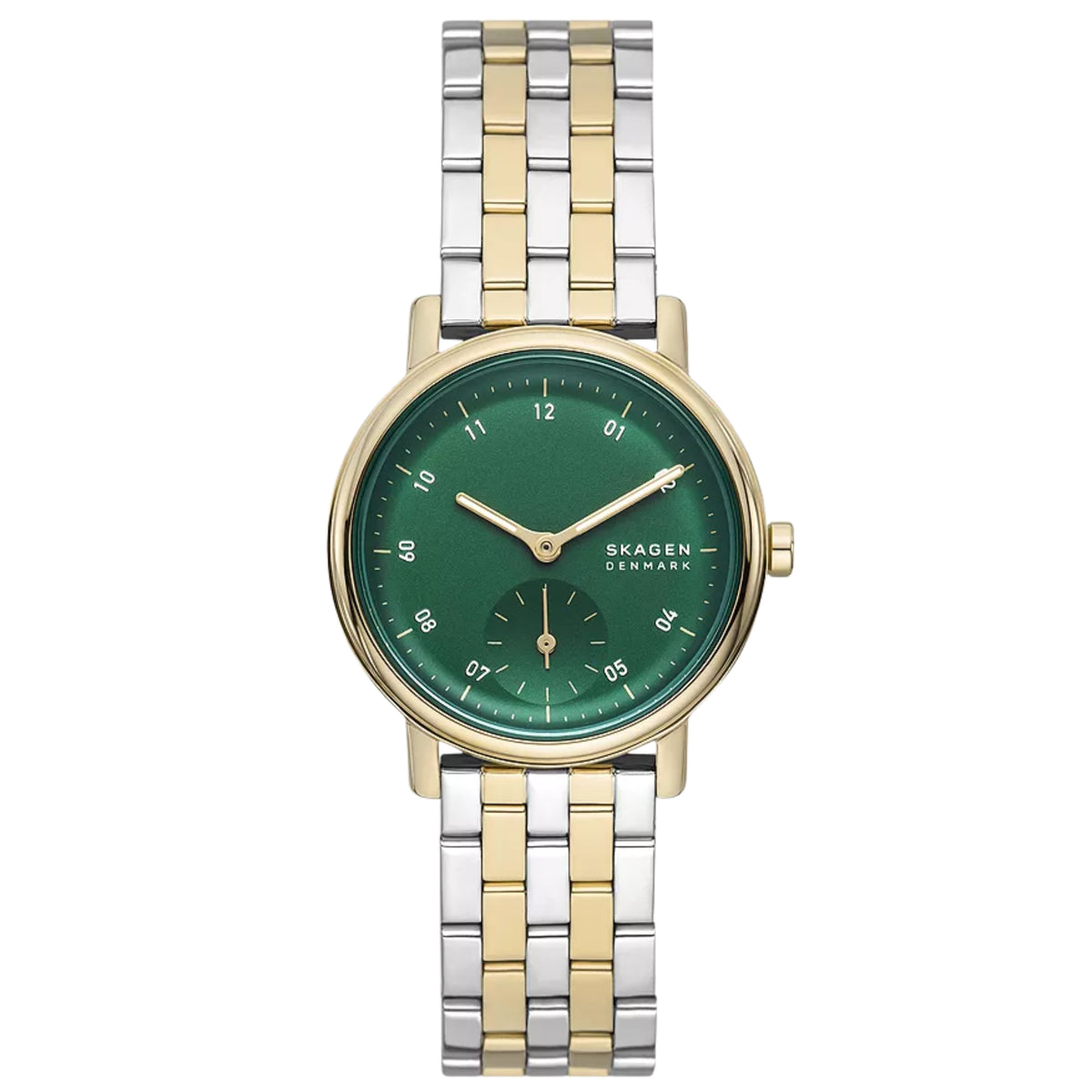 Two-tone ladies quartz watch with green dial, gold bezel, and striped metal bracelet.