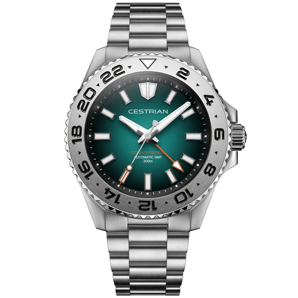 Men's automatic GMT watch with stainless case, green dial, and metal bracelet