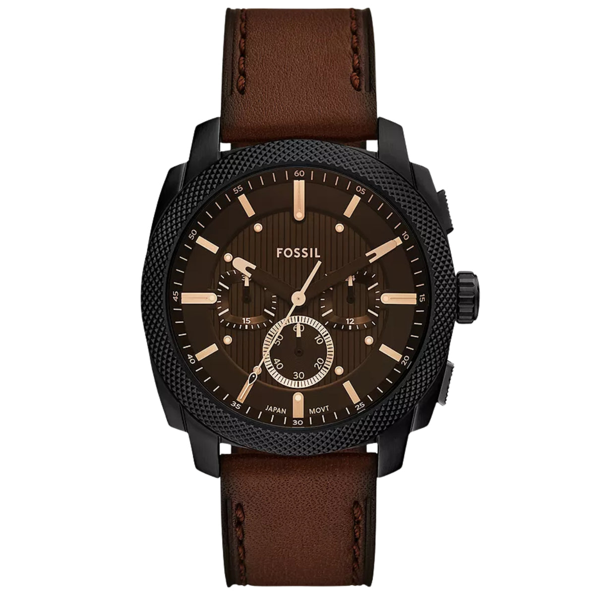 Men's chronograph quartz watch, black dial with subdials and brown leather strap