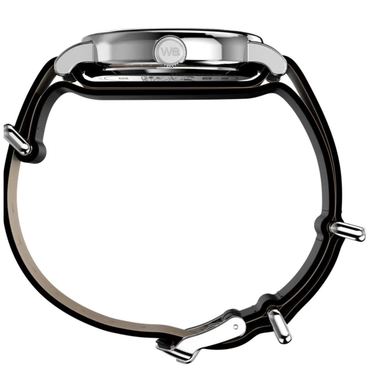 Timex quartz watch case top view with black leather strap and crown