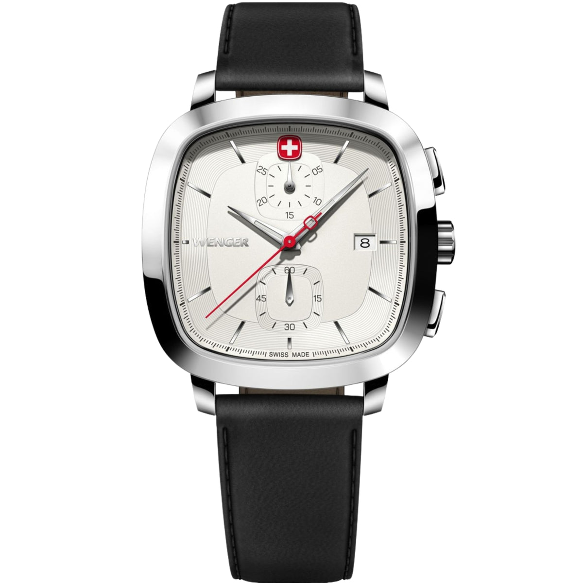 Wenger Vintage Classic 01.1933.104 front view of 39.5mm white dial mens quartz watch with sub-dials and leather strap