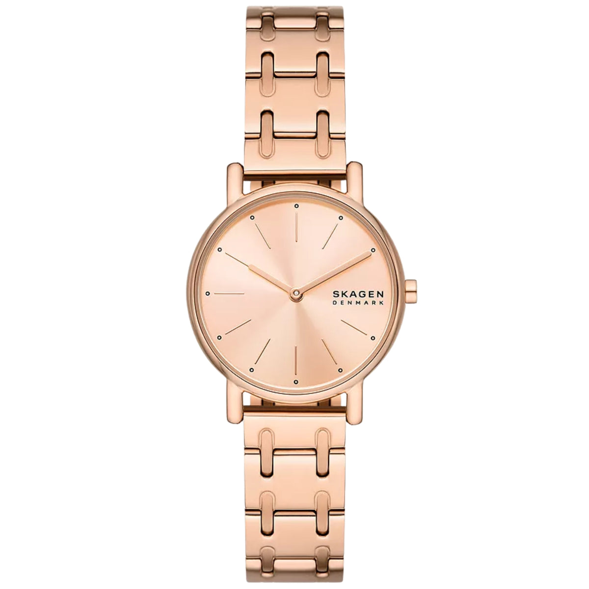 Rose gold steel ladies quartz watch, light pink dial, link bracelet, front view