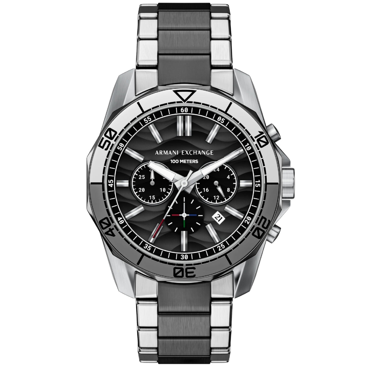 Armani Exchange Spencer AX1973 front view showing black dial with chronograph sub-dials and steel bracelet