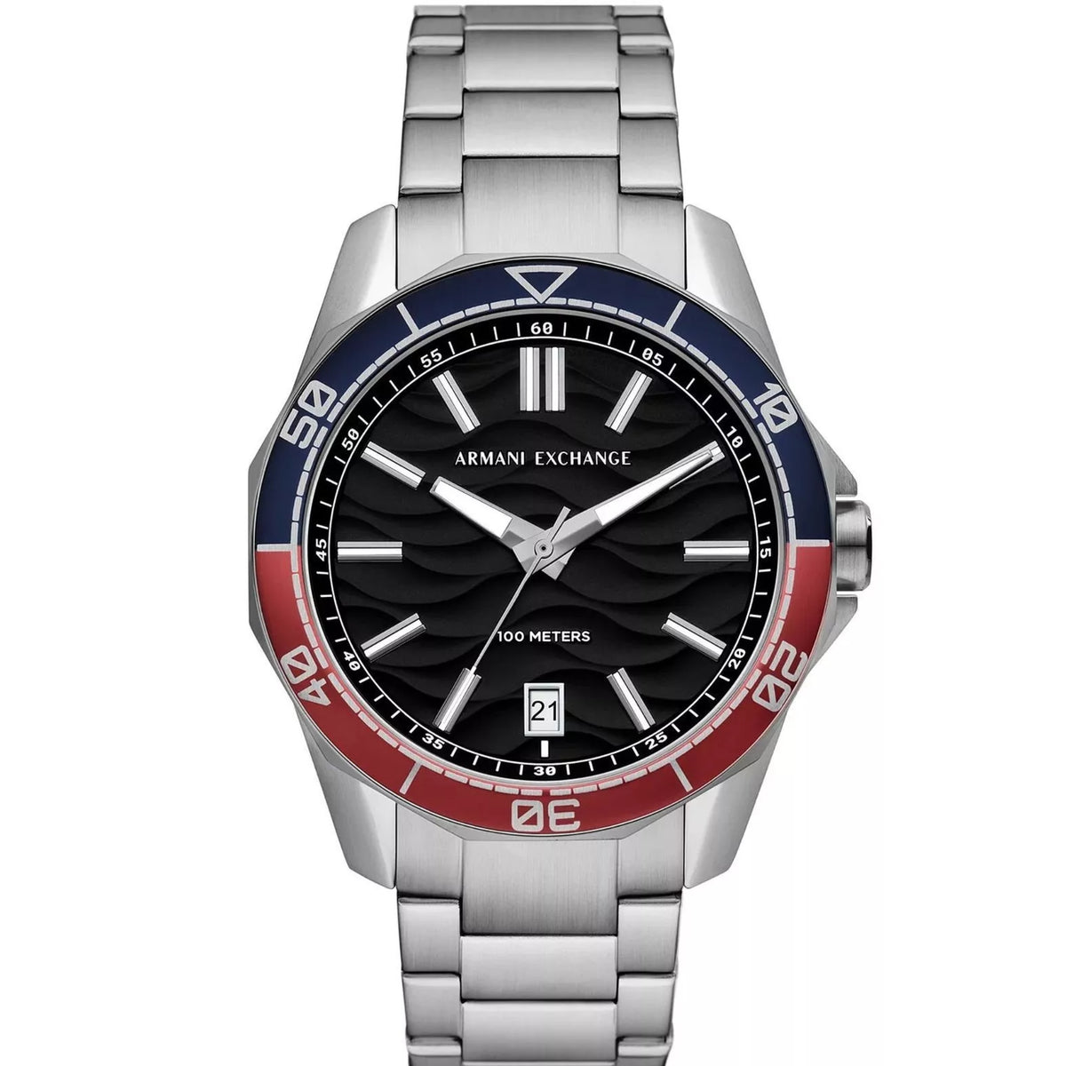 Men’s stainless steel quartz watch with black dial, blue ring, and red bezel