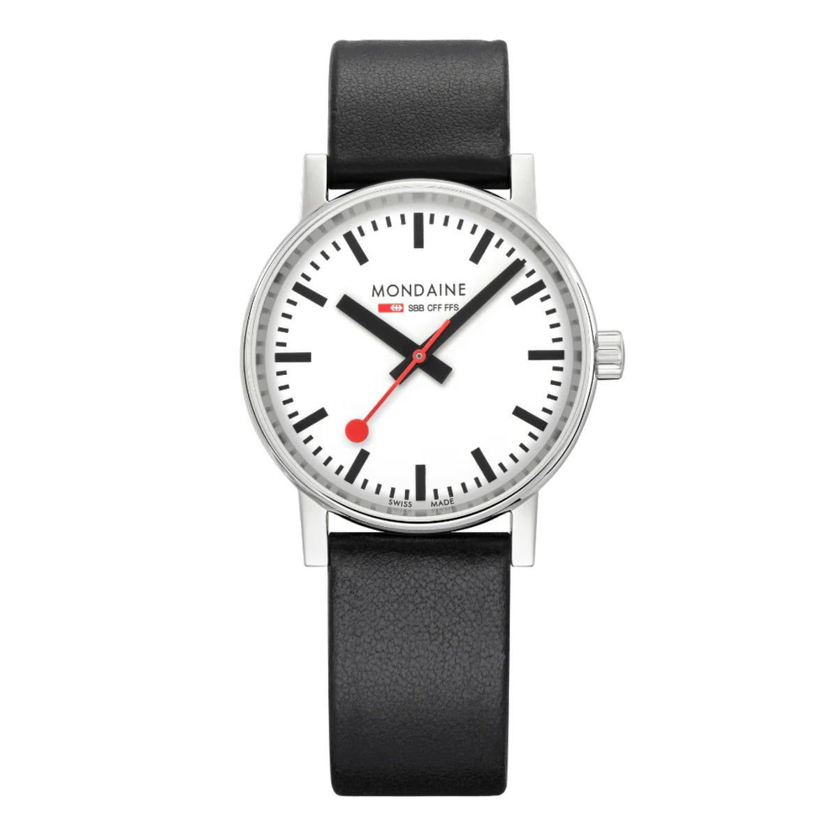 Front shot of Mondaine Evo2 MSE.35110.LBV midsize watch highlighting white dial, black hour markers, and iconic red lollipop second hand