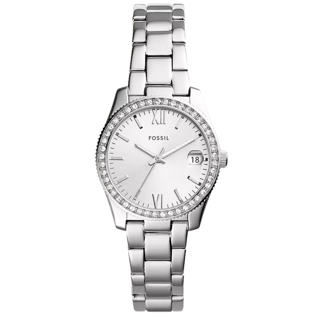 Front view of the Fossil Scarlette ES4317 ladies quartz watch displaying the silver dial, crystal-embellished bezel, date aperture, and stainless steel bracelet