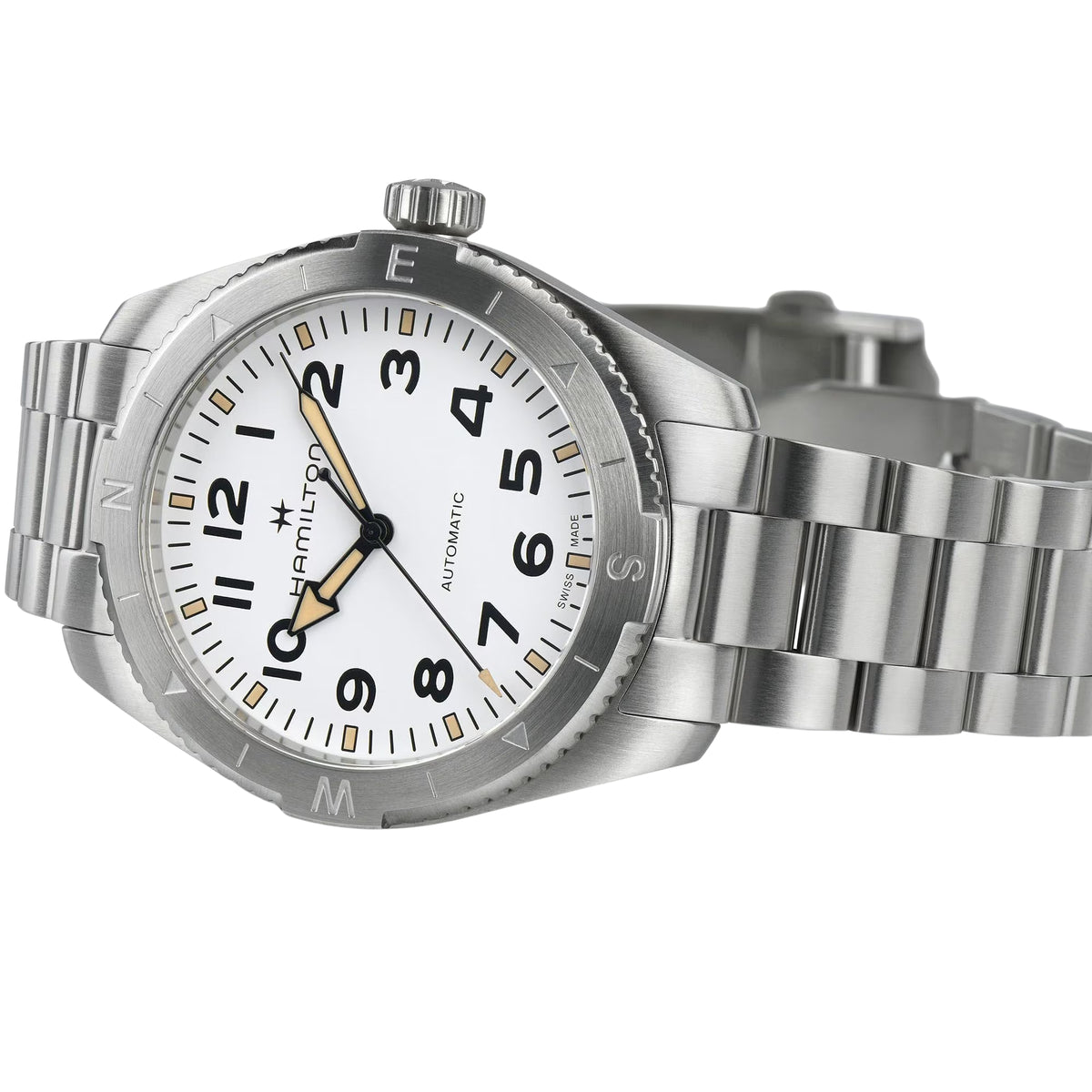 Hamilton Khaki Field Expedition H70315110 lying flat showing white dial with steel case and bracelet layout