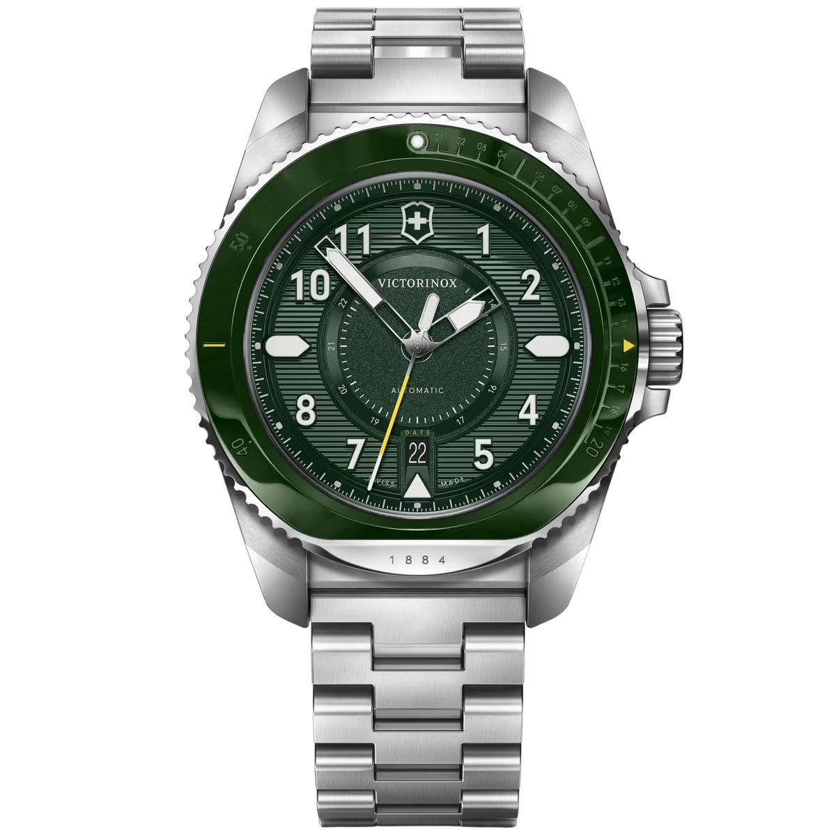 Victorinox Journey 1884 242015 43mm green dial automatic watch with stainless steel bracelet front view