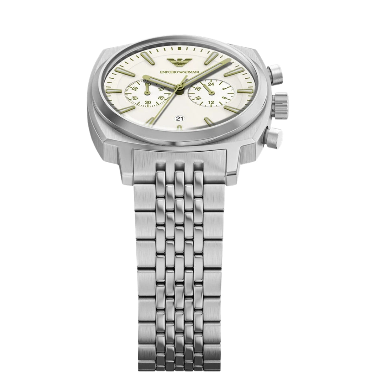 Overhead view of the Emporio Armani Carlo AR11800 watch showing the ivory dial, baton hour markers, brushed cushion bezel, and multi-link steel band