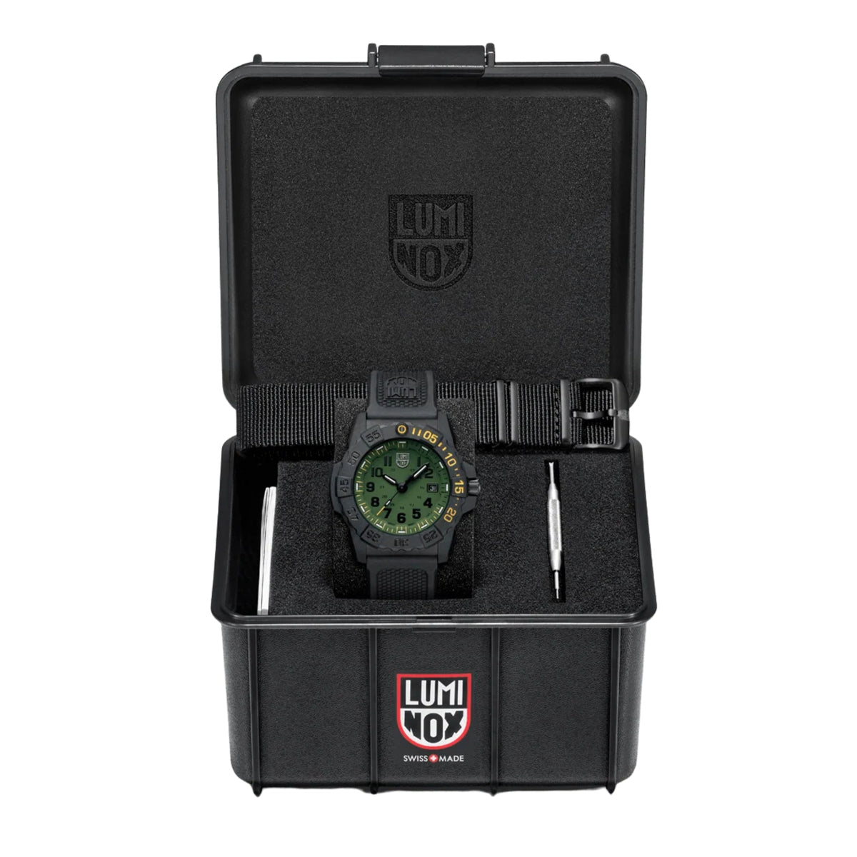 Luminox Navy SEAL Foundation 45mm quartz watch in black case with green dial and rubber strap