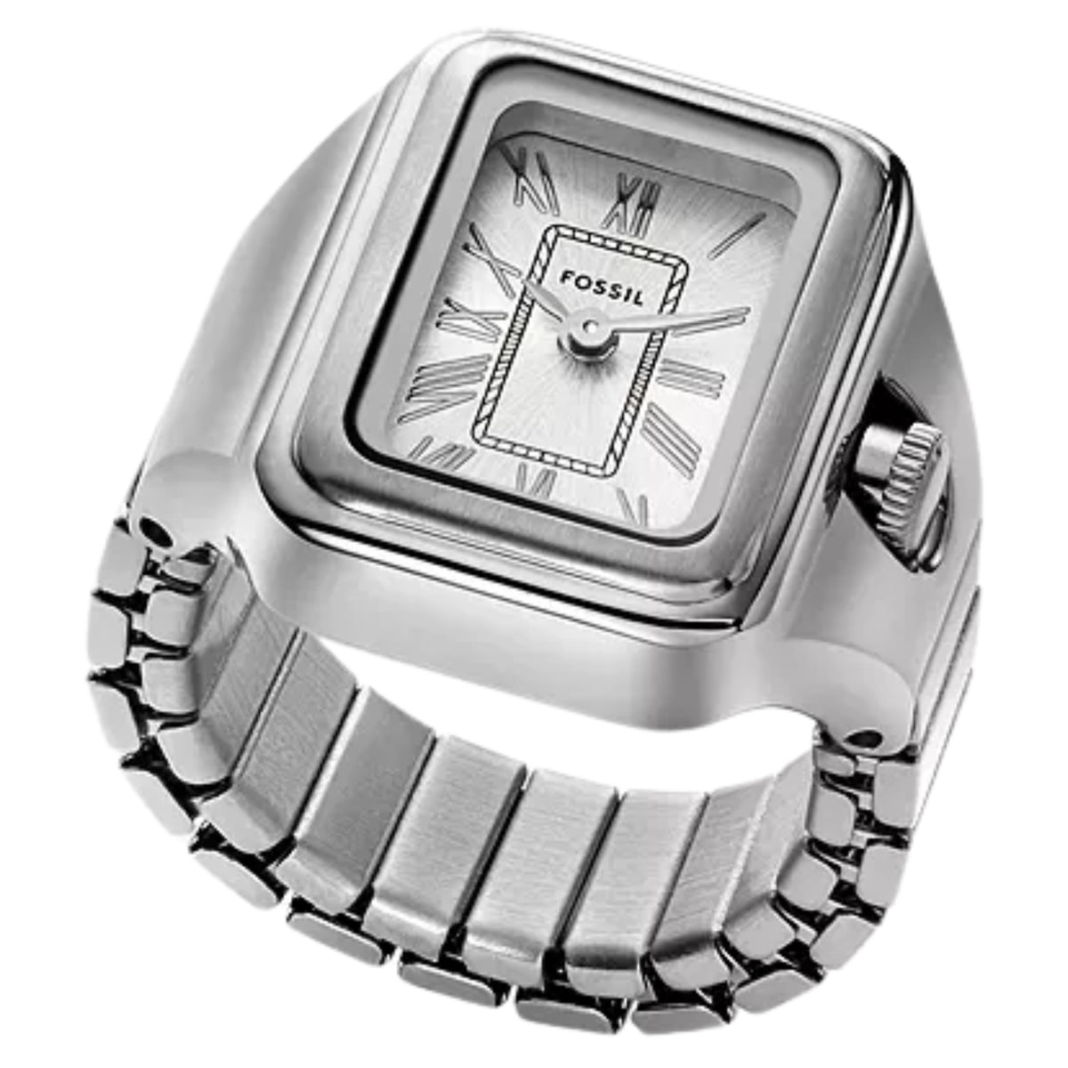 Fossil Raquel ES5344 three-quarter view showing silver dial with rectangular steel case and flexible expansion band