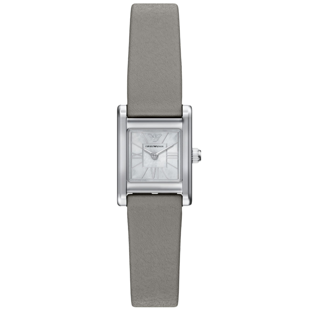 Ladies quartz watch with silver case, mother-of-pearl dial and gray leather strap