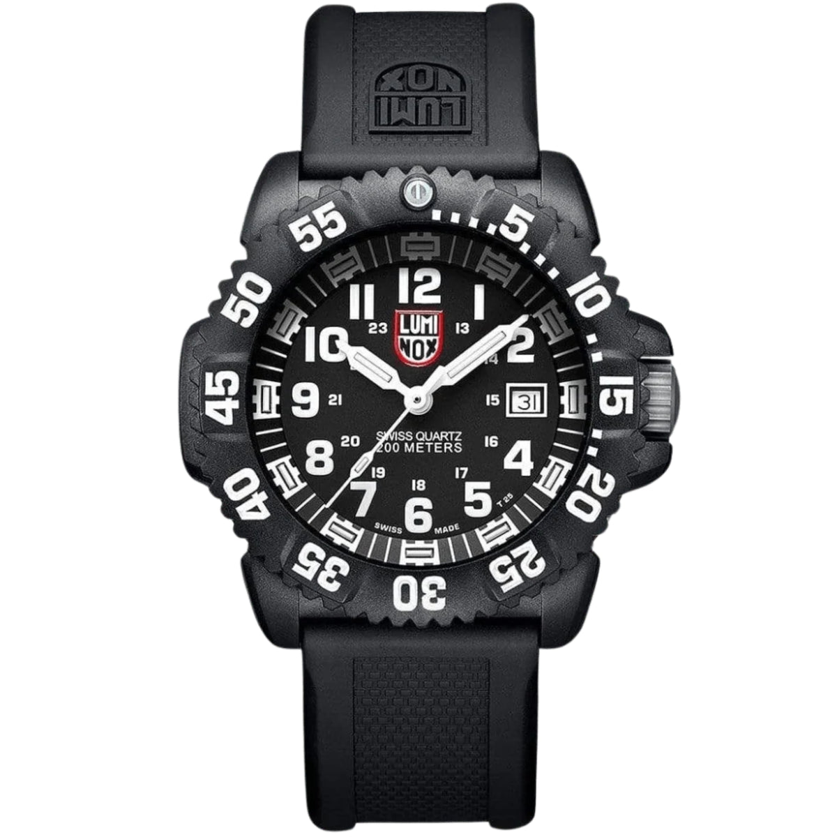 Black Luminox watch with black rubber strap and white numerals on circular dial