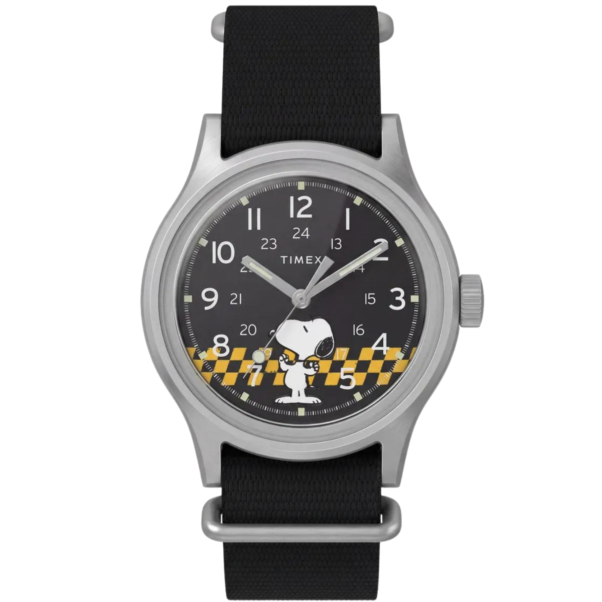 Timex Peanuts MK1 TW2Y85400 front view displaying black dial with Snoopy taxi graphic, Arabic numerals, and fabric strap