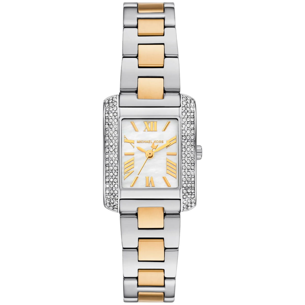 Michael Kors ladies steel quartz watch with diamond-look bezel and mother-of-pearl dial