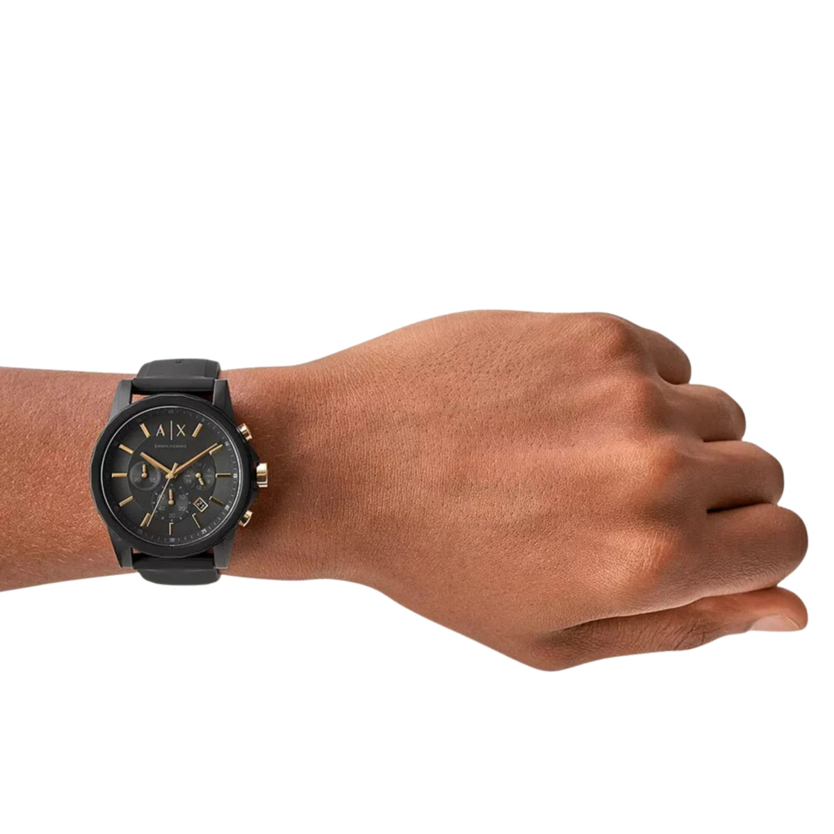 Armani Exchange men's chronograph watch, black dial and black silicone strap on wrist