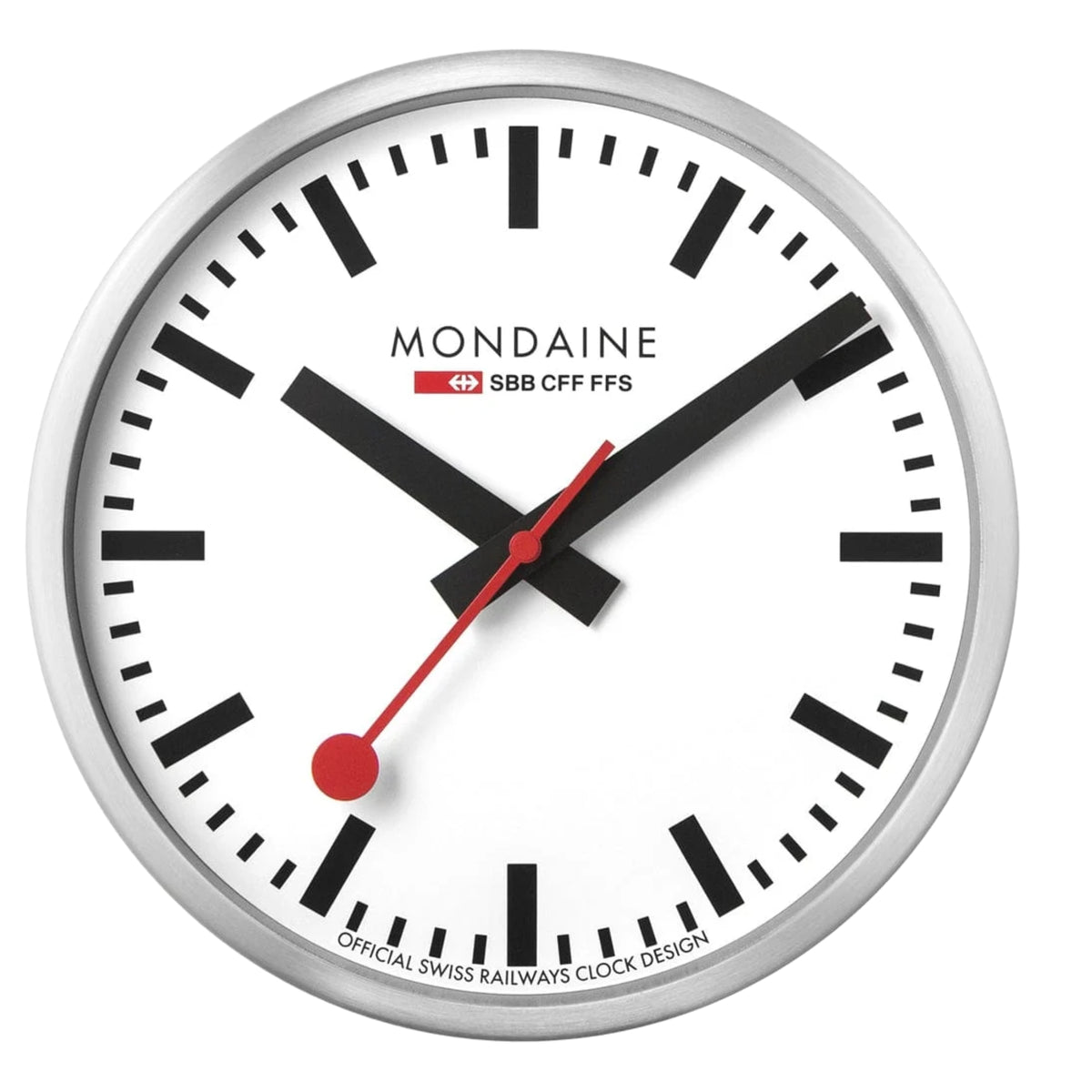 White dial quartz wall clock face with black markers and red second hand, silver frame