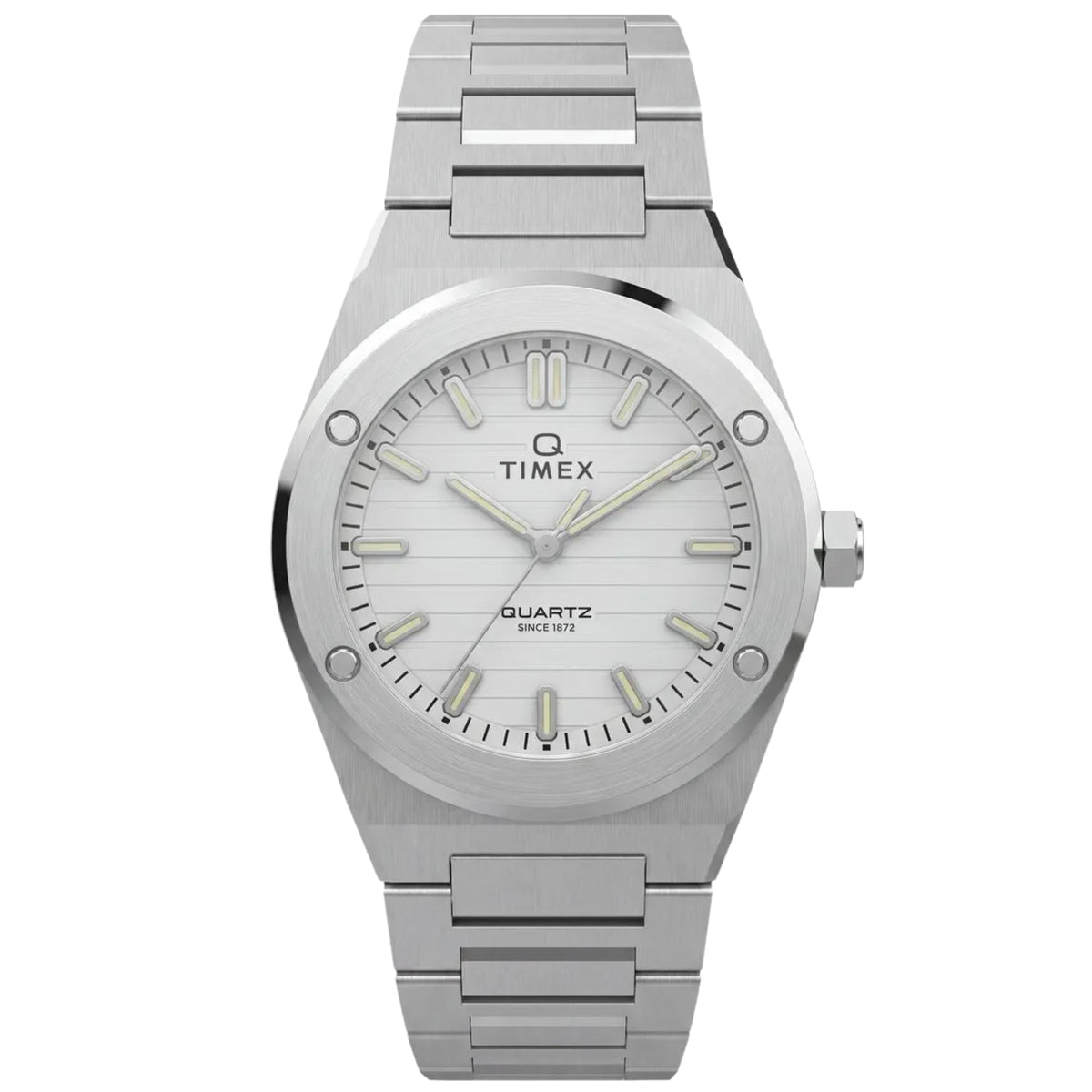 Timex Q Marbella TW2Y81800 front view displaying silver dial with round bezel, baton markers, and steel bracelet