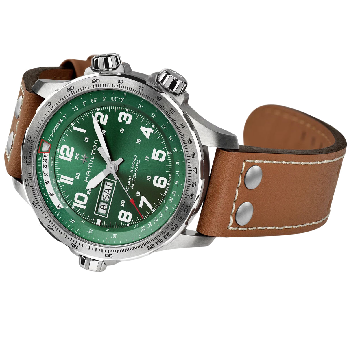 Hamilton Khaki Aviation H77735560 mens pilot watch angled view displaying green dial with day date display and stainless steel case