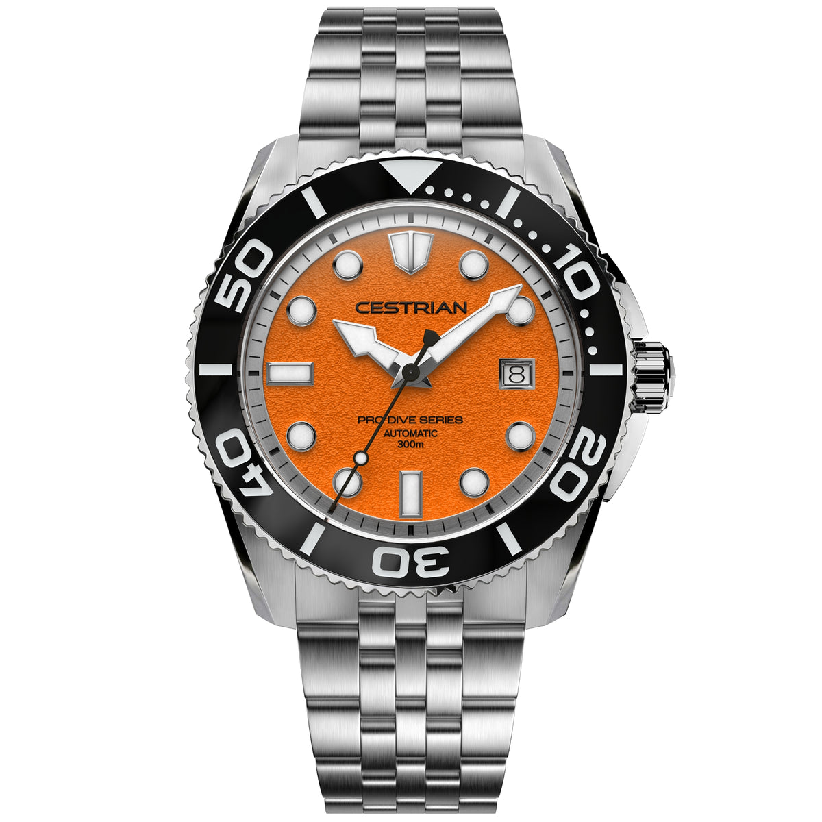 Men's dive watch with orange dial, black bezel, and stainless steel link bracelet.
