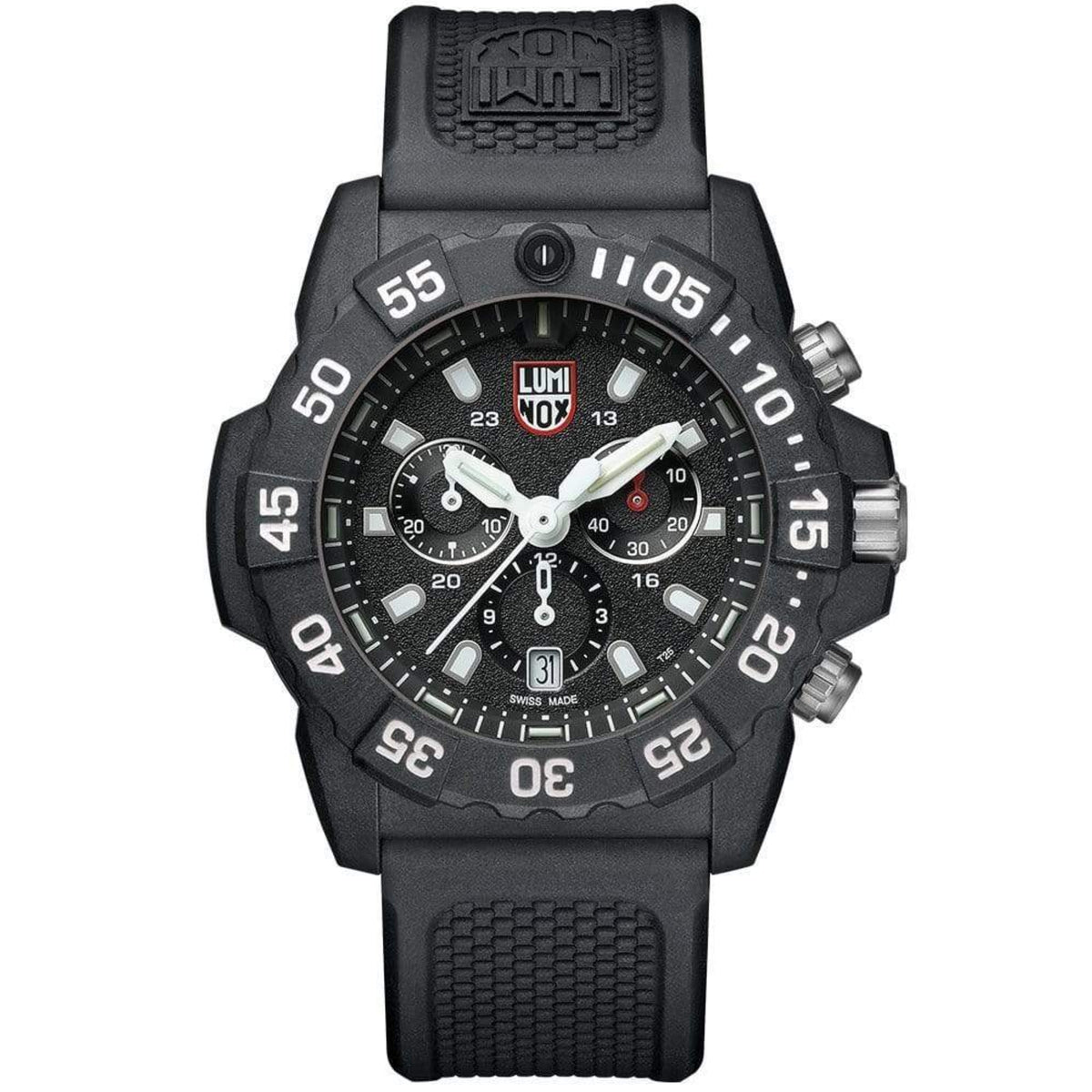 Black Luminox chronograph watch with black dial, red seconds hand, and rubber strap