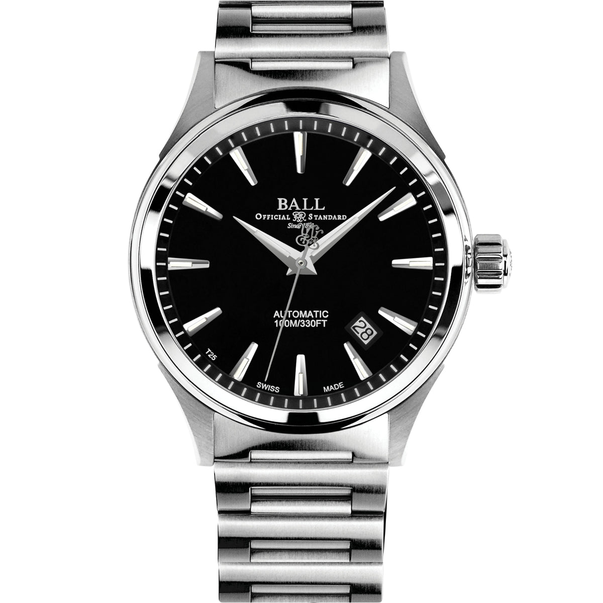 Men's automatic watch, black dial, steel case and bracelet with baton markers