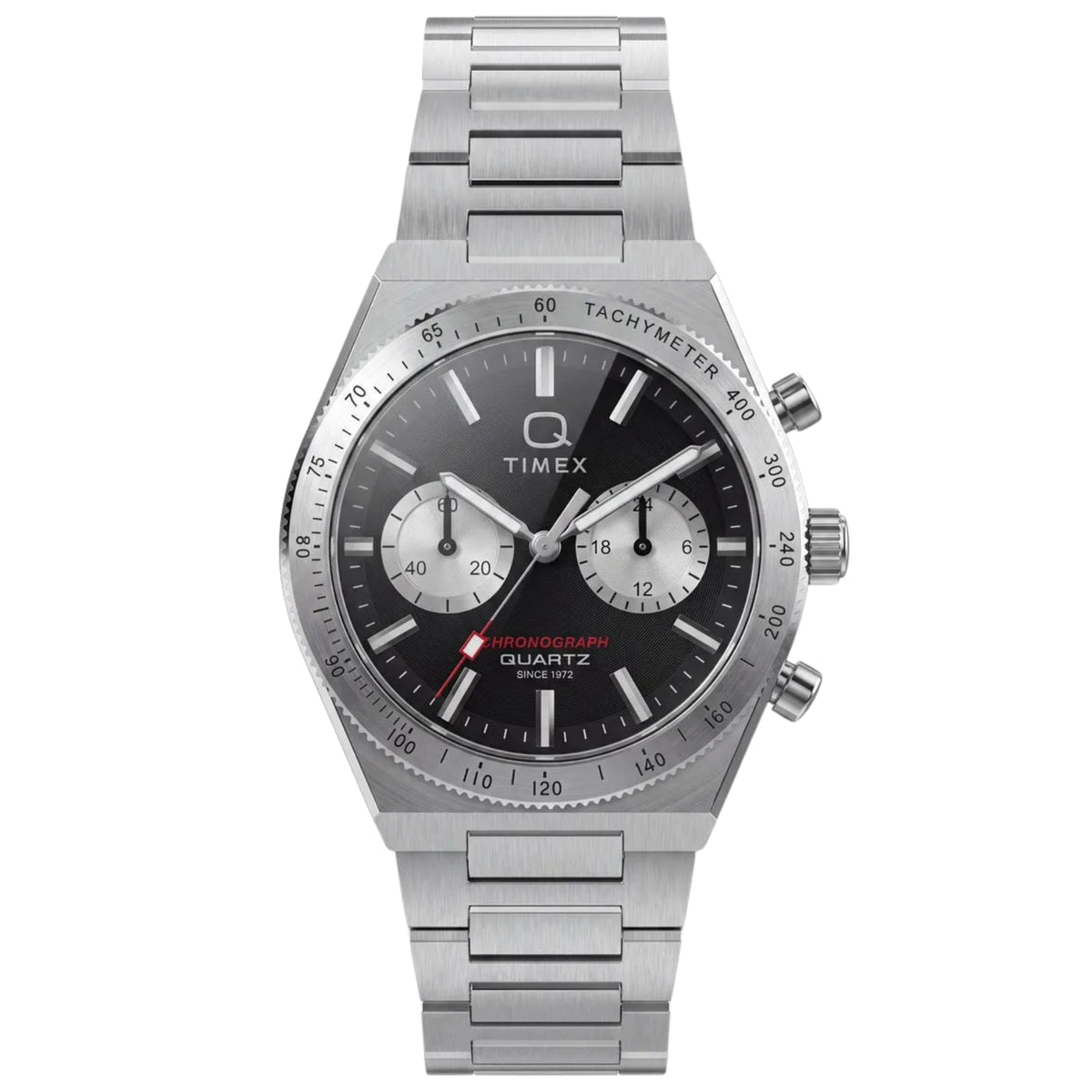 Timex Q Timex Continental TW2Y93200 front view displaying black dial with silver-tone chronograph sub-dials, tachymeter bezel, and steel bracelet