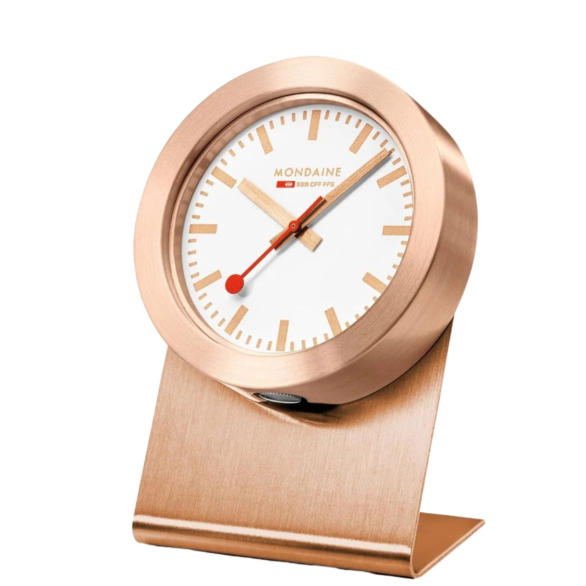 Mondaine Magnet Clock A660.30318.82SBK angled view displaying white dial with copper stand and red second hand