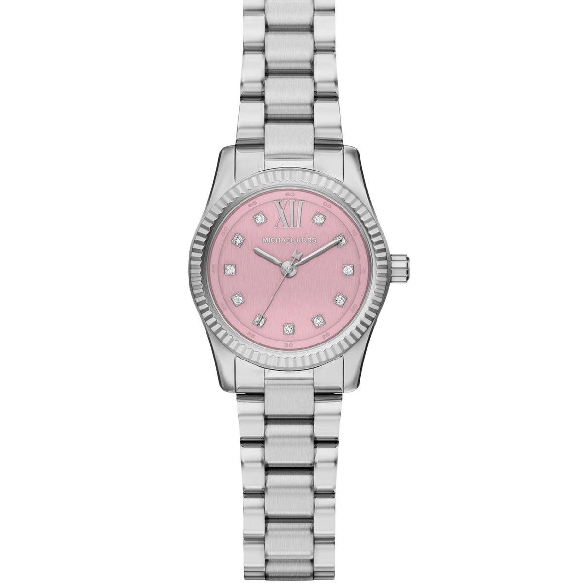 Women’s steel wristwatch with pink dial, Roman numerals, and jeweled hour markers