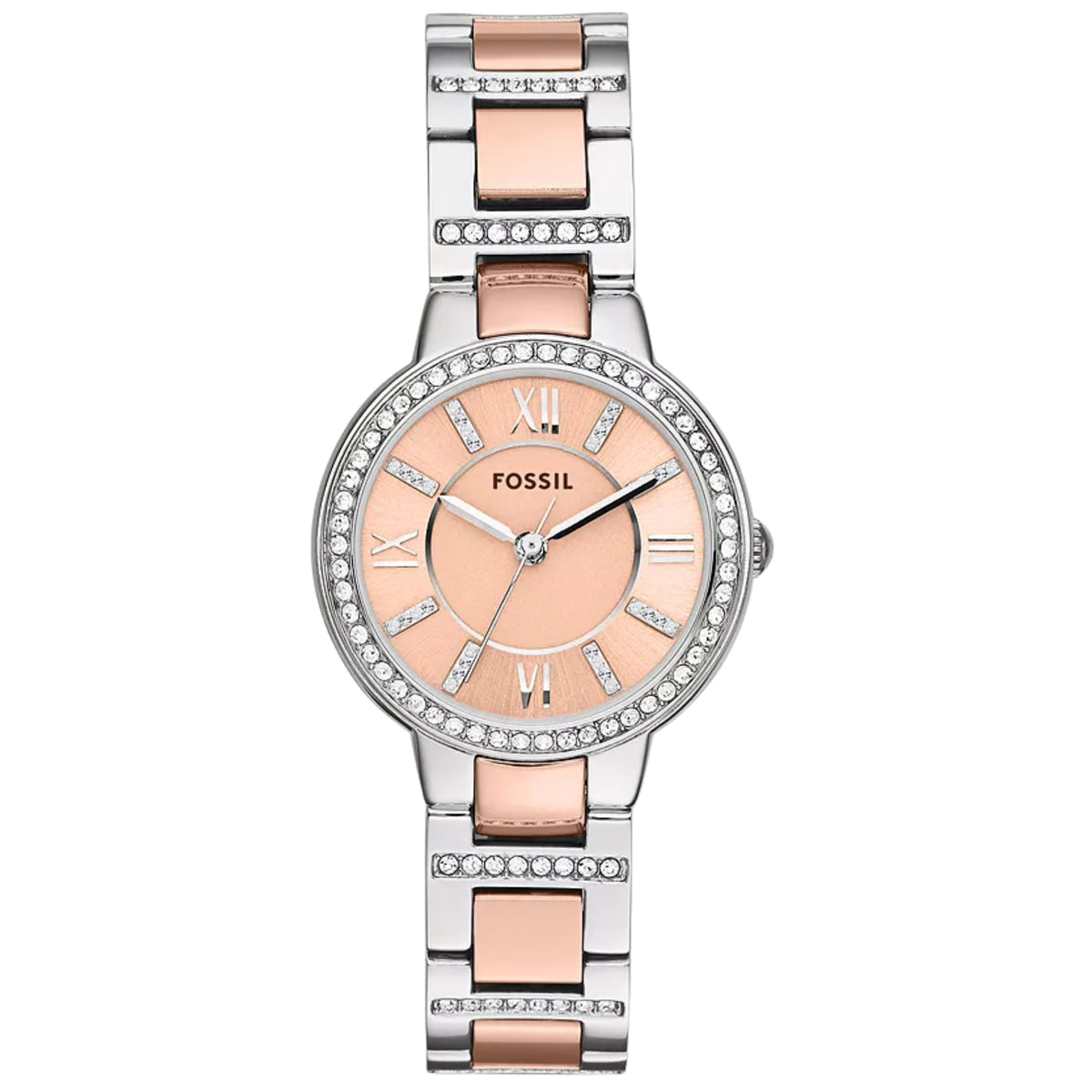 Fossil Virginia ES3405 front view displaying rose gold dial with crystal-set bezel and two-tone steel bracelet