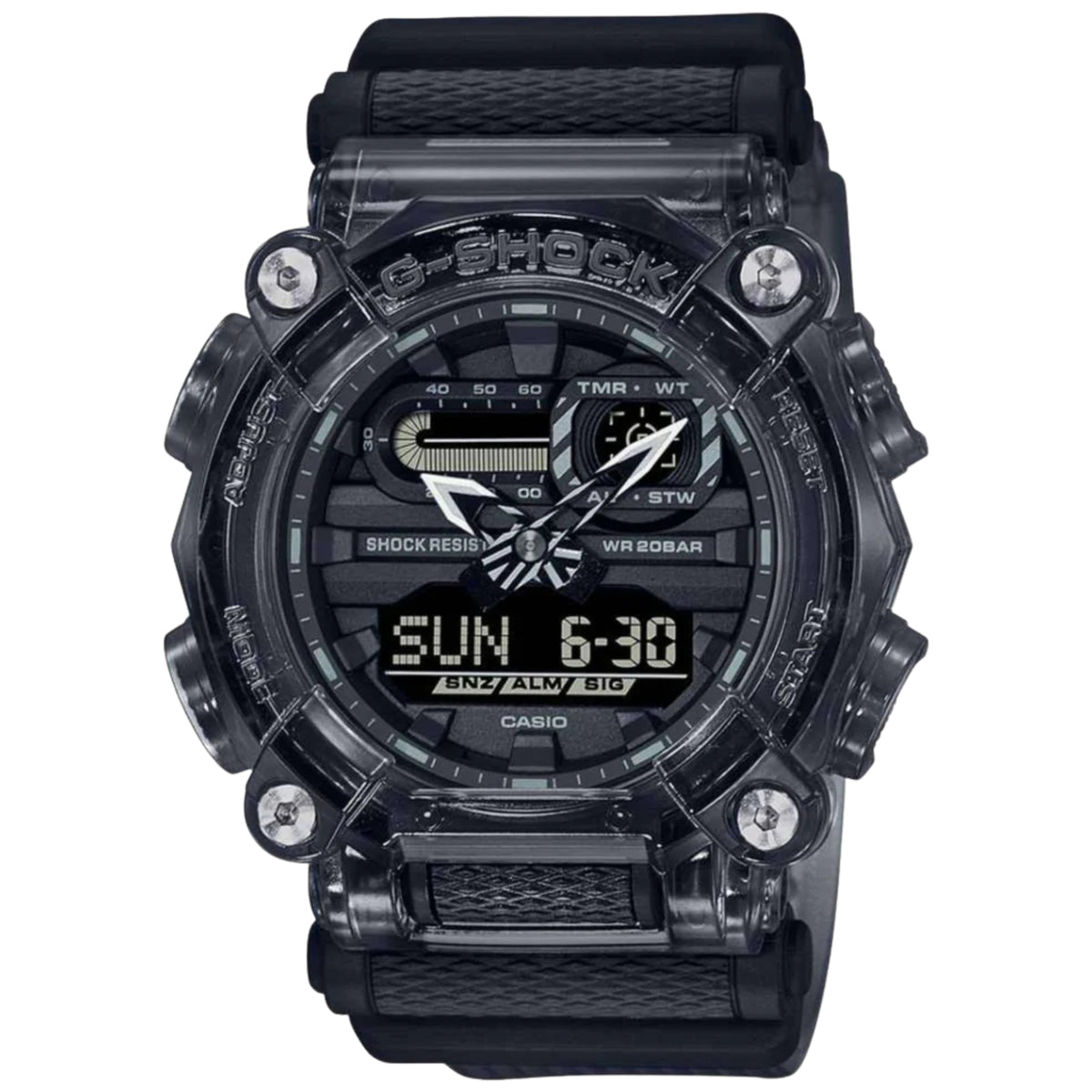 Casio G-Shock digital watch with skeleton dial showing SUN 6:30, dark resin bracelet