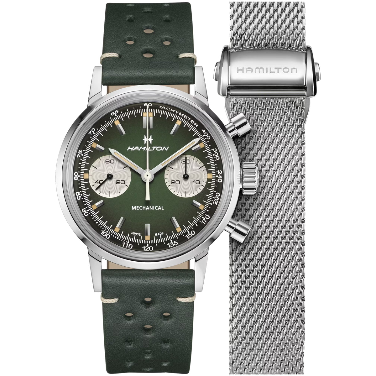 Hamilton American Classic 40mm Chronograph Green Dial Leather Mens Mechanical Watch H38429861