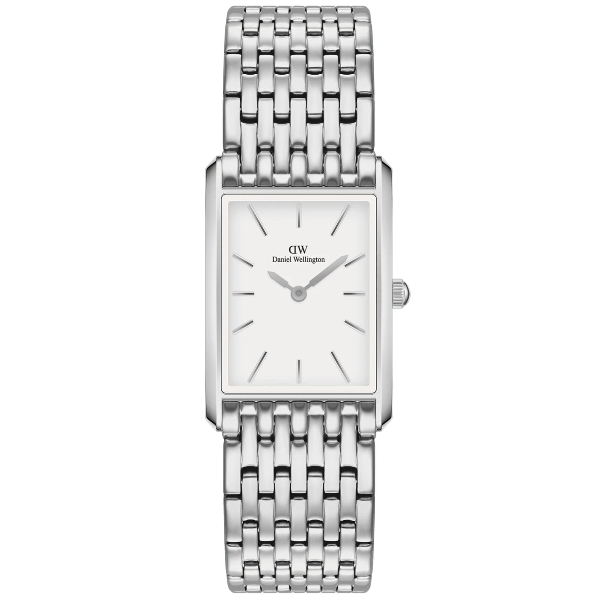 Daniel Wellington square-rectangular watch with white dial and silver steel mesh bracelet