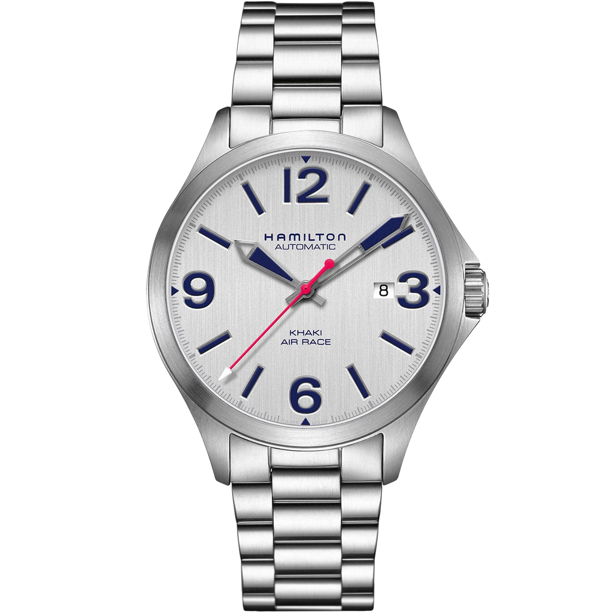 Men's stainless steel watch with white dial, blue indices, Hamilton branding and red seconds