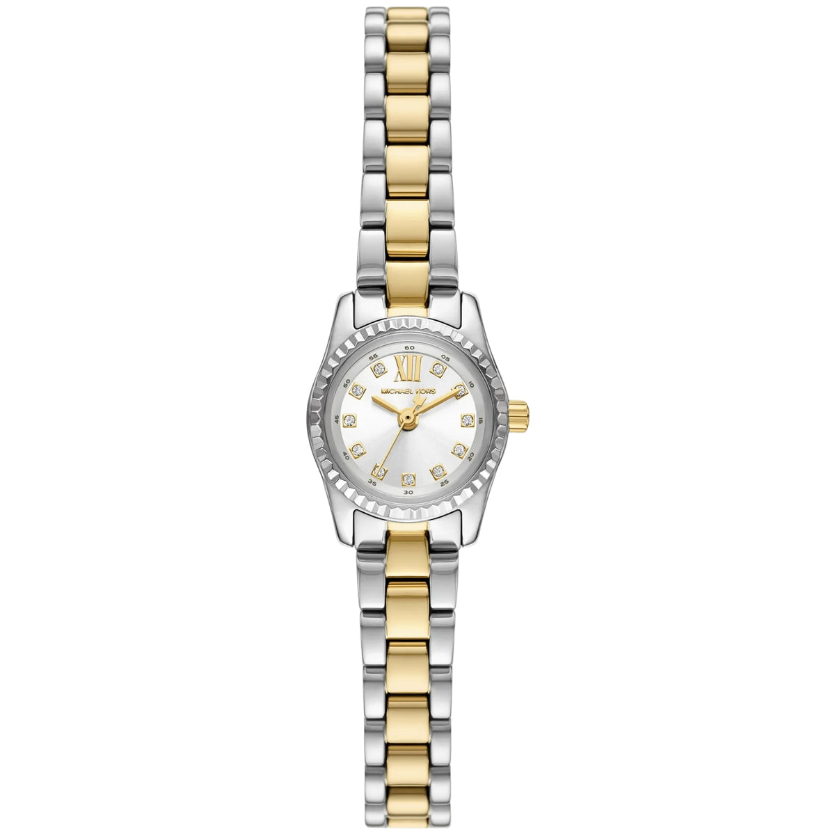 Two-tone steel quartz watch with silver pave dial, Roman numerals, gold hands